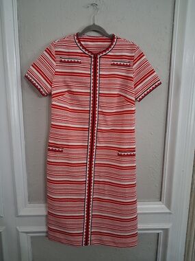 Vintage 1960s 70s mod shift dress poly knit textured terrycloth zigzag zip up m